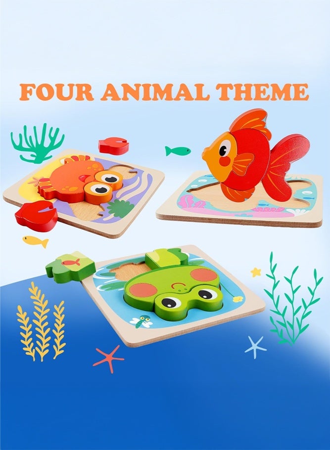 SHABILI Wooden Puzzles for Toddlers Ages 3+, 3D Chunky Animal Puzzle Set with Large Stand-Up Pieces and Smooth Rounded Edges, Montessori Toy for Color & Shape Recognition and Fine Motor Skills, Fish Frog Duck Crab 4 Pack Gifts - Image 5